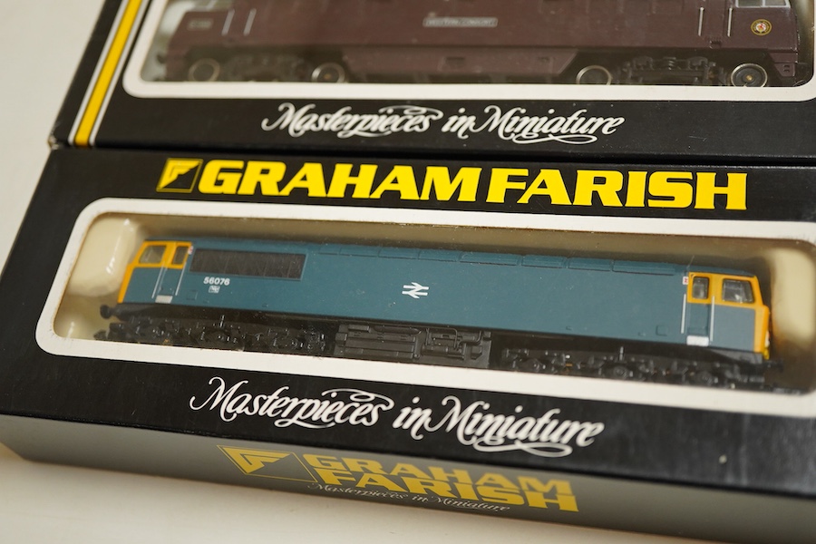 Four boxed Graham Farish N gauge railway diesel locomotives; a Network SouthEast class 50, Superb 50 002 (8408), a BR class 56, 56076 (8055), a BR class 52, Western Gauntlet D1070, (8425) and a BR class 52, Western Conso